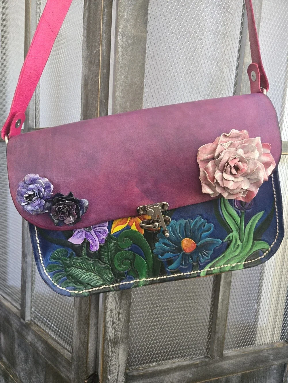 Handcrafted Floral Leather Crossbody Bag in Pink and Purple